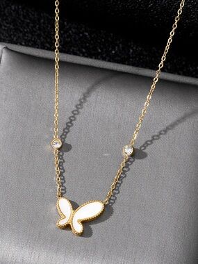 Gold Tone White Butterfly Pendant Necklace
